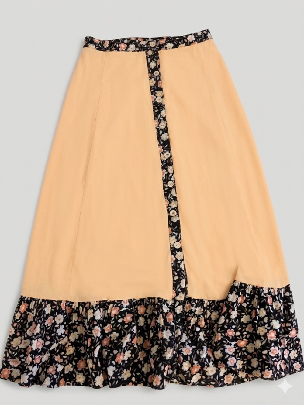 Vintage 1970s rare this is yours San Francisco Peach Maxi Skirt with Floral Trim